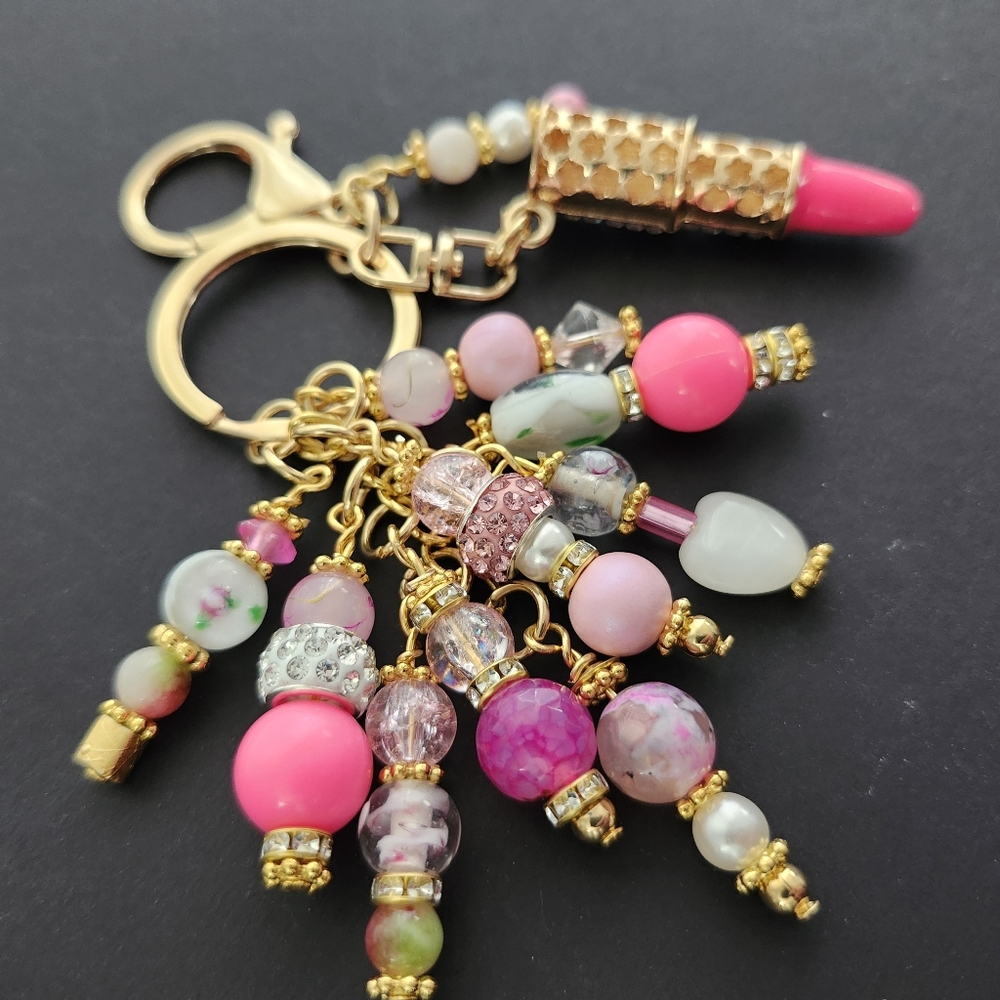 Pink Rhinestone Lipstick Purse Charm or Keychain Stone Glass Handcrafted - Picture 3 of 4